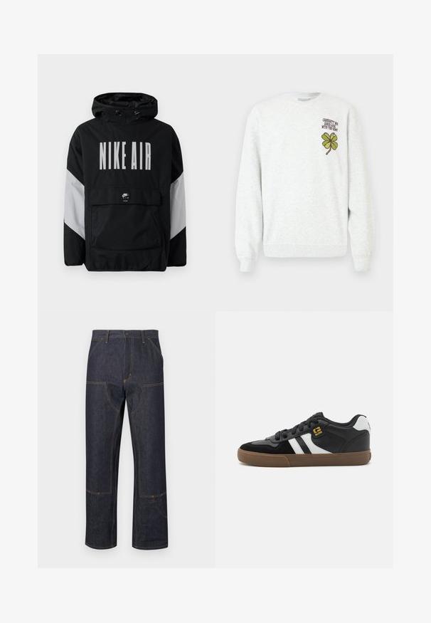 Zwarte windbreaker jas met capuchon, met "NIKE AIR" in grote witte letters. Grijze accenten op de schouders en een voorvak. Strak ontwerp.; Grijze trui gemaakt van gestructureerde stof, met een ronde hals, lange mouwen, en een groene vierbladige klaver graphic en tekstontwerp op de borst.; Donkerblauwe spijkerbroeken met een losse pasvorm, voorzien van gele stiksels, steekzakken aan de voorkant en een kenmerkend ontwerp van naden.; Zwart-witte sneakers met een bovenwerk van suède en leer, voorzien van witte strepen, zwarte veters en een bruine rubberen zool. Gouden logo-accenten.