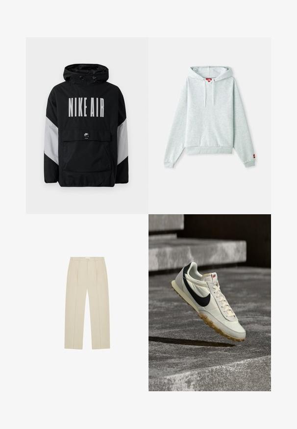 Čierna vetrovka s kapucňou, s veľkým bielym nápisom "NIKE AIR". Šedé akcenty na pleciach a predná vrecko na zips. Elegantný dizajn.; Svetlá šedá mikina s kengurským vreckom, nastaviteľnými šnúrkami na kapucni, rebrovanými manžetami a malým červeným logom na ľavom rukáve.; Béžové nohavice s rovnými nohavicami, s prednými záhybmi, bočnými vreckami, pútkami na opasok a gombíkovým zapínaním v páse.; Biely a čierny teniska značky Nike s podrážkou farby žuvačky, visiaca nad betónovými schodmi, osvietená prirodzeným slnečným svetlom.