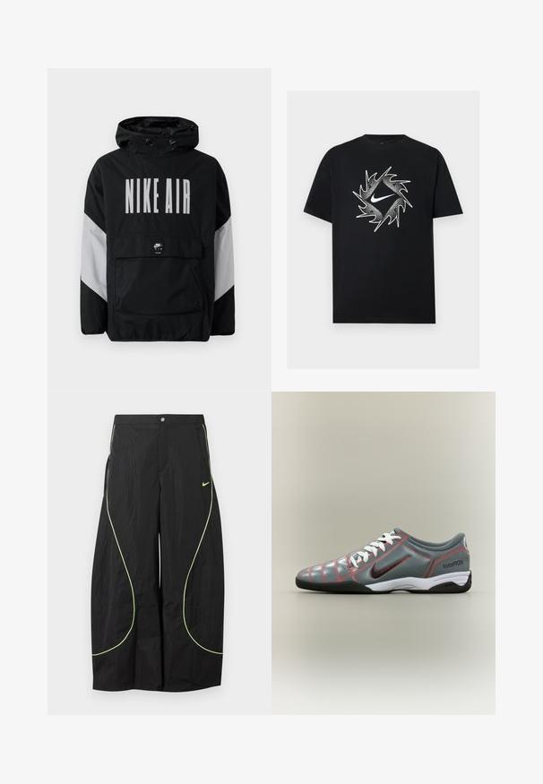 Sort vindjakke med hætte, der har "NIKE AIR" i store hvide bogstaver. Grå detaljer på skuldrene og en frontlomme. Slankt design.; Sort T-shirt med korte ærmer med en hvid Nike-swoosh i midten, omgivet af et dynamisk spidset cirkeldesign.; Sorte Nike bukser med brede ben, med neon-grøn buet piping og lille Nike swoosh-logo på højre lår, knap- og lynlåslukning i taljen.; Grå Nike Total 90 III indendørs fodboldsko med hvide snørebånd, sort sål, rød syning og sort swoosh-logo på siden.
