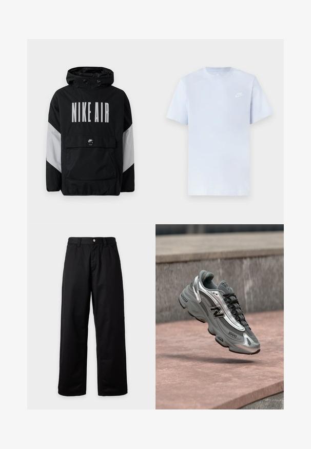 Zwarte windbreaker jas met capuchon, met "NIKE AIR" in grote witte letters. Grijze accenten op de schouders en een voorvak. Strak ontwerp.; Lichtblauwe katoenen t-shirt met korte mouwen, ronde hals en een wit Nike-logo gedrukt op de linkerborst. Glad textuur, eenvoudig ontwerp.; Zwarte broek met wijde pijpen, riemlussen, knoop aan de voorkant en ritssluiting, weergegeven tegen een effen lichte achtergrond.; Grijze en zilveren New Balance sneaker met het label "1000" die boven een rozeachtige stenen ondergrond zweeft, met een grijze stenen muur op de achtergrond.
