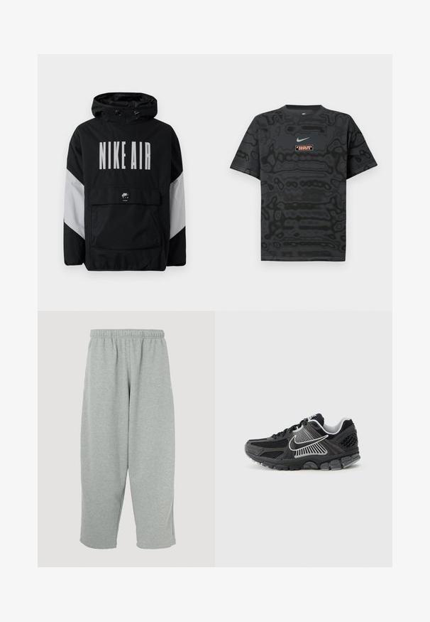 Sort vindjakke med hætte, der har "NIKE AIR" i store hvide bogstaver. Grå detaljer på skuldrene og en frontlomme. Slankt design.; Sort T-shirt med et tekstureret mønster, der har en lille Nike-logo i lyseblå og en rektangulær logo-patch i kontrastfarver.; Lysegrå joggingbukser med elastisk taljebånd, konisk ben-design og blød tekstur. Ingen synligt mærke eller mønstre.; Sort atletiksko med meshpaneler og syntetiske detaljer. Har en rundet tå, tyk polstret sål og kontrasterende hvide logodetaljer.