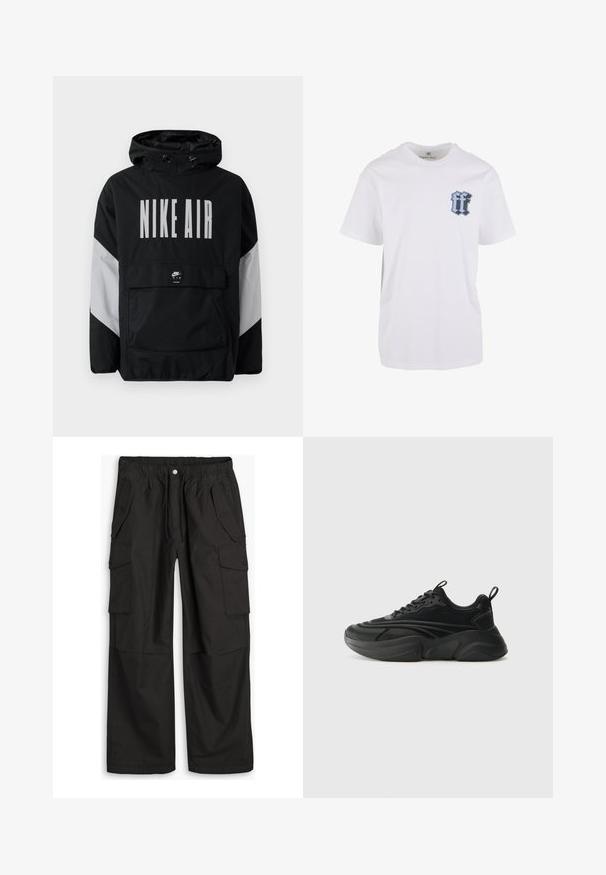 Veste coupe-vent noire avec capuche, affichant "NIKE AIR" en grandes lettres blanches. Accents gris aux épaules et poche avant. Design élégant.; T-shirt en coton blanc à manches courtes avec un logo graphique bleu et noir sur la poitrine gauche ; design classique à col rond.; Pantalons cargo noirs avec taille élastique, fermeture à bouton et fermeture éclair, et plusieurs poches à rabat avec boutons à l'avant et sur les côtés.; Des chaussures de sport noires avec une semelle arrondie, une tige texturée et un col rembourré. Elles disposent de lacets, d'une languette et d'éléments de design superposés.