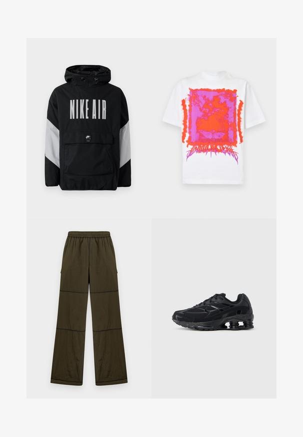 Sort vindjakke med hætte, der har "NIKE AIR" i store hvide bogstaver. Grå detaljer på skuldrene og en frontlomme. Slankt design.; Hvid T-shirt med korte ærmer med en iøjnefaldende pink og orange abstrakt rektangulær grafik og stiliseret tekst nederst i midten foran.; Løse bukser i mørke olivengrøn med elastisk talje, synlige sømdetaljer og sidelommer, vist mod en ensfarvet lys baggrund.; Sort atletiksko med mesh-overdel, polstret krave og markant støddæmpningsteknologi ved hælen. Har teksturerede detaljer og snørebånd.