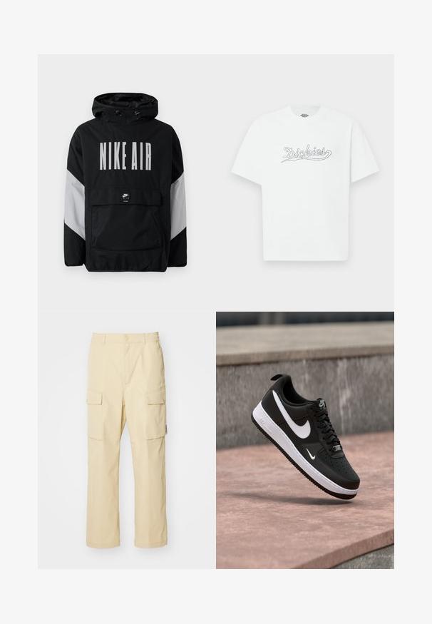 Schwarze Windbreaker-Jacke mit Kapuze, versehen mit großem weißen Text "NIKE AIR". Graue Akzente an den Schultern und eine vordere Taschenöffnung. Elegantes Design.; Weißes kurzärmeliges T-Shirt mit dem Schriftzug "Dickies" in schwarzer Umrisslinie auf der Brust, einfarbiger Hintergrund.; Beige Cargo-Hosen aus Stoff mit einem elastischen Bund und Knopfverschluss. Verfügt über zwei seitliche Taschen und ein schlichtes Design.; Schwarz-weißer Nike Air Force 1 Sneaker, der über einer rosa Betonfläche mit grauem Stein-Hintergrund schwebt.