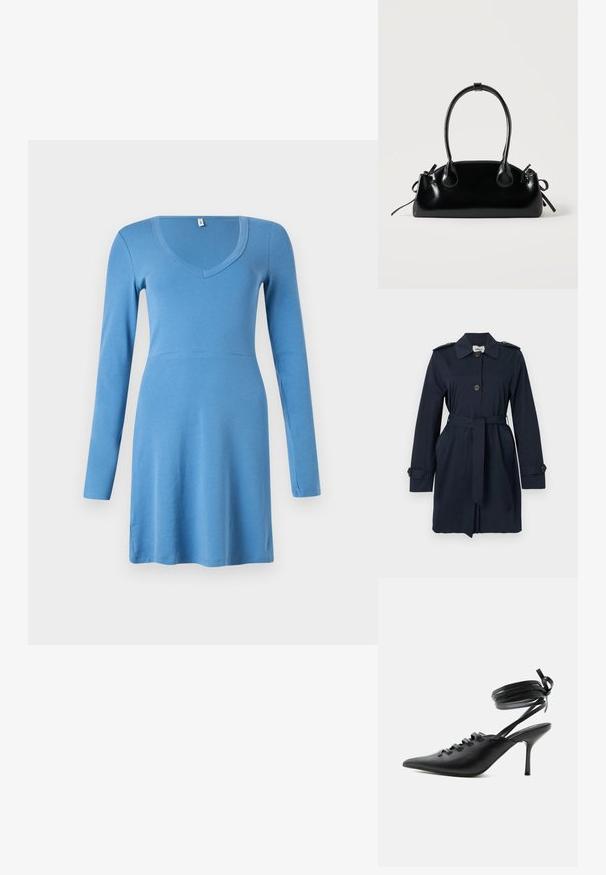 Trench-coat bleu marine à manches longues avec ceinture à la taille, devant boutonné, épaulettes aux épaules et poignets boutonnés.; Robe longue manches longues bleue en coton doux. Elle présente un décolleté en V et un corsage ajusté, s'élargissant en une jupe évasée. Texture lisse.; Chaussure à talon haut noire à bout pointu avec laçage à l'avant et brides enroulées autour de la cheville nouées en nœud, vue de côté sur fond blanc.; Petit sac à main noir brillant avec deux longues anses et des détails à cordon sur les côtés sur un fond clair uni.