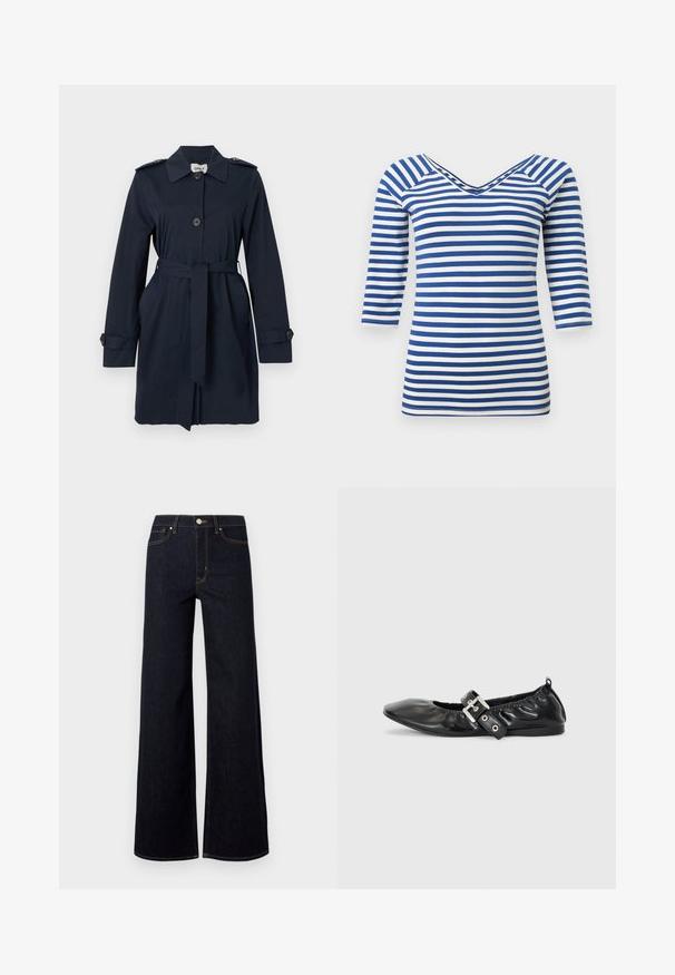 Trench-coat bleu marine à manches longues avec ceinture à la taille, devant boutonné, épaulettes aux épaules et poignets boutonnés.; Chemise à manches longues rayée bleu et blanc avec col en V et coupe ajustée.; Jeans large en denim bleu foncé, avec une taille haute, des coutures contrastées et un unique bouton métallique à l'avant.; Chaussure plate en cuir noir avec un nez pointu, des détails froncés autour de l'ouverture et un accent en boucle argentée sur la bride ajustable.