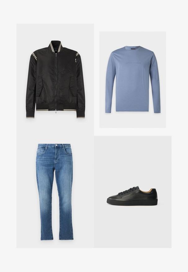 Veste bomber noire en nylon brillant, avec des accents crème rayés sur le col et les poignets, dotée de deux poches latérales et d'une fermeture éclair frontale.; Chemise bleu clair à manches longues avec col rond et logo Emporio Armani en relief centré sur la poitrine, fond blanc.; Jean en denim bleu avec une coupe droite, fermeture avant par bouton et fermeture éclair, et conception à cinq poches, présenté sur un fond uni clair.; Baskets basses en cuir noir avec surface texturée, lacets noirs et semelle en caoutchouc épaisse, présentées de côté sur un fond clair.