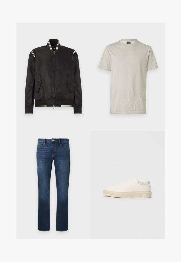 Veste bomber noire en nylon brillant, avec des accents crème rayés sur le col et les poignets, dotée de deux poches latérales et d'une fermeture éclair frontale.; T-shirt gris clair à manches courtes avec une texture en nid d'abeille et un col rond. Étiquette visible au niveau du col.; Jean en denim bleu foncé avec une coupe droite, un design à cinq poches et une fermeture à boutons à l'avant, présentant une légère décoloration sur les cuisses.; Sneaker blanc avec une tige en toile lisse, des lacets plats, un col rembourré et un accent gris texturé à l'arrière. Semelle en caoutchouc épaisse.