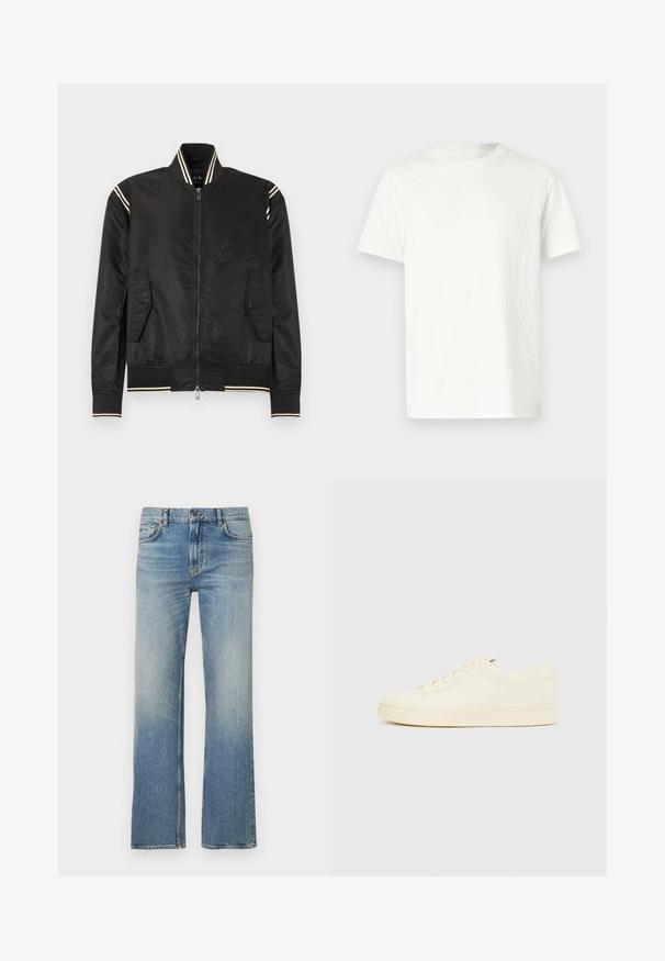Veste bomber noire en nylon brillant, avec des accents crème rayés sur le col et les poignets, dotée de deux poches latérales et d'une fermeture éclair frontale.; T-shirt blanc à manches courtes avec une surface légèrement texturée et un col rond. Pas de motifs visibles ni de détails matériels.; Jean en denim bleu clair avec une coupe droite, présentant une finition délavée, un design classique à cinq poches et des coutures contrastées.; Baskets couleur crème avec une tige en cuir lisse, bout arrondi, laçage à l'avant et semelle en caoutchouc texturée. Design minimaliste, sans logo.