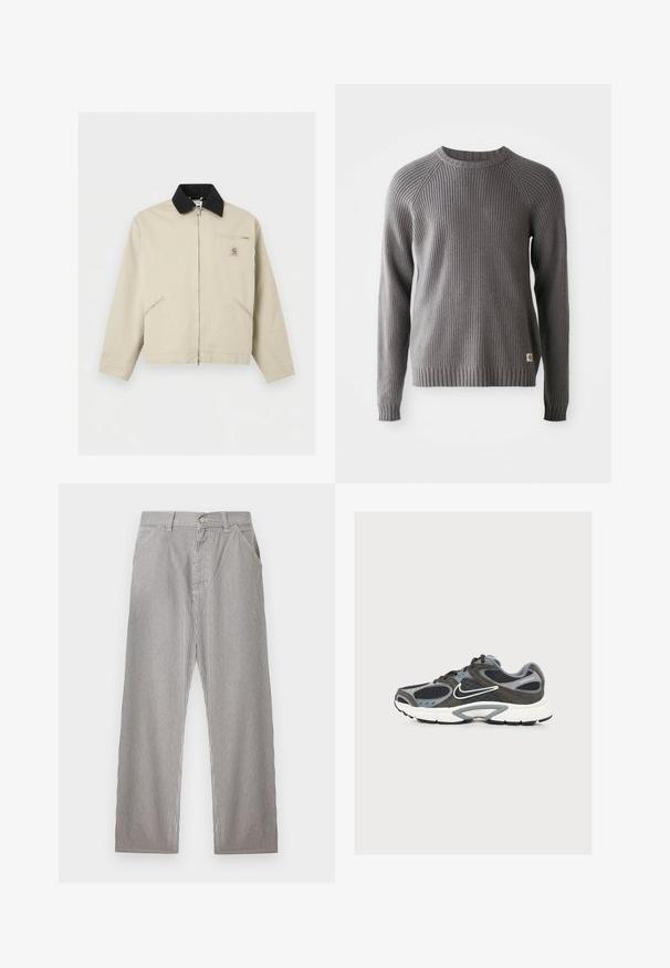 Μπεζ μπουφάν Carhartt με μαύρο γιακά, πλήρες φερμουάρ μπροστά, δύο πλαϊνές τσέπες και μια μικρή τσέπη στο στήθος με φερμουάρ και λογότυπο.; Γκρι ριγωτό πλεκτό πουλόβερ με μακριά μανίκια και στρογγυλή λαιμόκοψη. Διαθέτει υφή επιφάνειας και μια μικρή ετικέτα λογότυπου στο στρίφωμα.; Ανδρικό ριγέ παντελόνι με κάθετες μαύρες και λευκές λεπτές ρίγες, μπροστινό κούμπωμα με κουμπιά, θηλιές για ζώνη και πλαϊνές τσέπες.; Γκρι και μαύρο αθλητικό παπούτσι Nike με λευκή σόλα και λογότυπο Swoosh, με τμήματα από δίχτυ και σουέντ, σε θέα από την εξωτερική πλευρά.