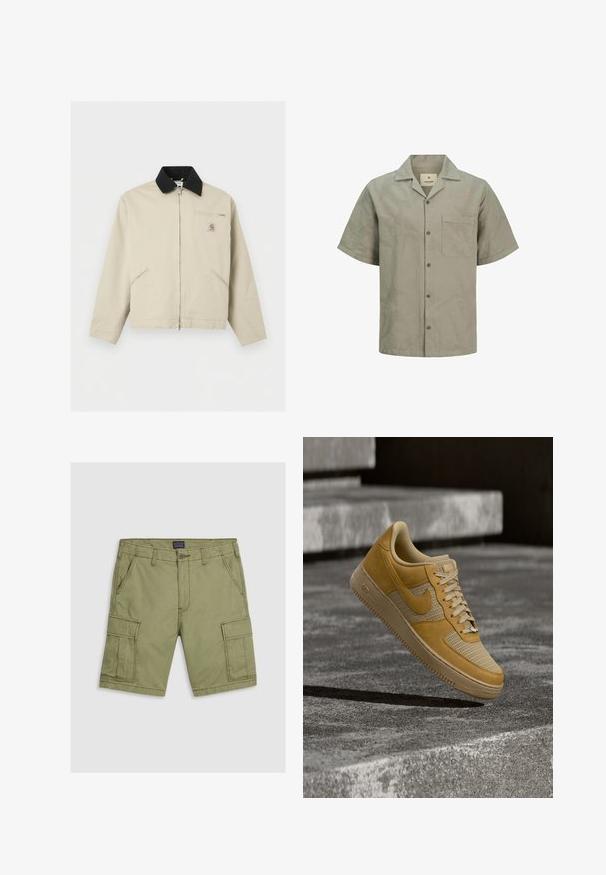 Μπεζ μπουφάν Carhartt με μαύρο γιακά, πλήρες φερμουάρ μπροστά, δύο πλαϊνές τσέπες και μια μικρή τσέπη στο στήθος με φερμουάρ και λογότυπο.; Λευκό πουκάμισο κοντά μανίκια σε ανοιχτό πράσινο χρώμα, φτιαγμένο από υφασμάτινο υλικό με υφή, διαθέτει μια μικρή τσέπη στο στήθος και γιακά σε οξύτητα.; Λαδί χρώματος cargo σορτς από βαμβάκι, με δύο μπροστινές τσέπες, δύο τσέπες cargo στο πλάι και κλείσιμο με κουμπί με ενισχυμένα ραφές.; Καστανόχρυσο και μπεζ παπούτσι Nike Air Force 1 που αιωρείται πάνω από μια τσιμεντένια επιφάνεια με πέτρινα σκαλοπάτια στο παρασκήνιο.