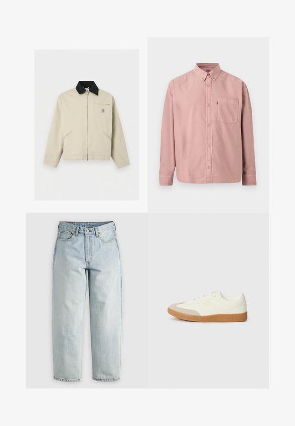 Beige Carhartt-jakke med sort krave, fuld lynlås foran, to sidelommer og en lille lynlåslomme på brystet med logo-patch.; Langærmet, lyserød skjorte med knapper, en lomme foran og knaplukket krave, vist mod en ensfarvet baggrund.; Lysblå denimjeans med lige ben, fem lommer og knap-fly lukning; har slidte områder og subtile syninger.; Sneaker lavet af hvid læder med en beige tåhætte og let brunt gummisål. Har flade hvide snørebånd og prægede branding på siden.