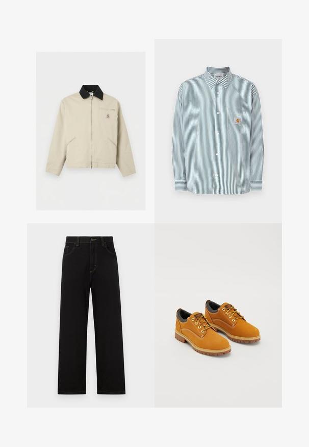 Beige Carhartt-jakke med sort krave, fuld lynlås foran, to sidelommer og en lille lynlåslomme på brystet med logo-patch.; Stribet skjorte i grøn og hvid med knappet krave, lange ærmer, brystlomme og et lille logomærke.; Sorte denimbukser med lige pasform, der har frontlommer, kontrastgule syninger og en knaplukning i taljen.; Brune ruskindssko med rund tå, gule snørebånd, en polstret sort krave og gummisåler med skridsikre riller.