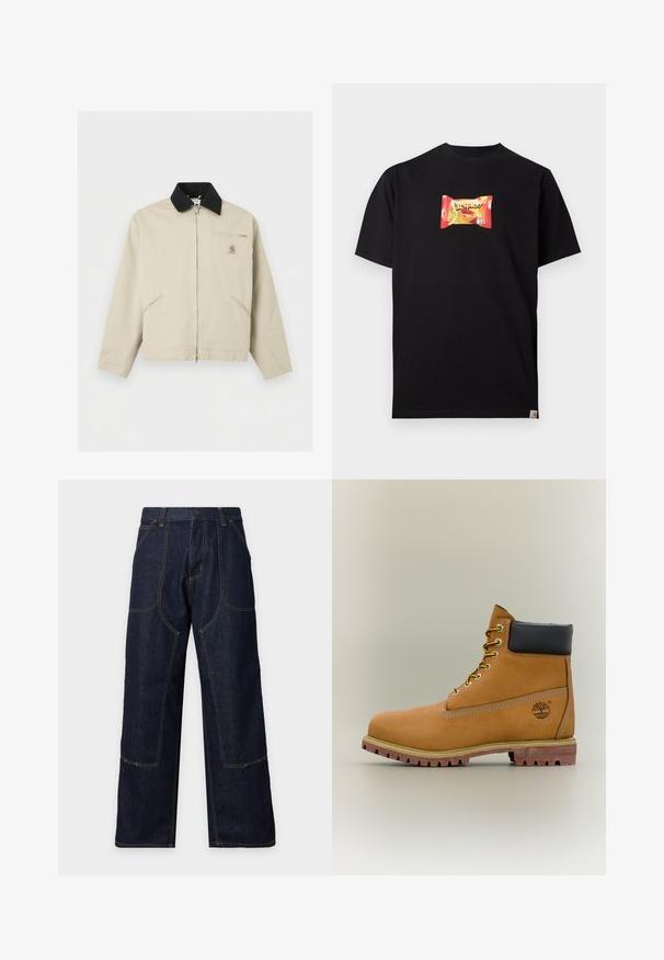 Μπεζ μπουφάν Carhartt με μαύρο γιακά, πλήρες φερμουάρ μπροστά, δύο πλαϊνές τσέπες και μια μικρή τσέπη στο στήθος με φερμουάρ και λογότυπο.; Μαύρο T-shirt με κοντά μανίκια και πολύχρωμο ορθογώνιο γραφικό περιτυλίγματος σνακ στο κέντρο του στήθους.; Σκούρο μπλε τζιν παντελόνι με φαρδιά πόδια, ραφές σε αντίθετο χρώμα, μπροστινές τσέπες που είναι ραμμένες πάνω στο ύφασμα και κλείσιμο με κουμπί στη μέση.; Καφέ δερμάτινο μποτάκι αστραγάλου με μαύρο γιακά, κίτρινα κορδόνια και ταμπά σόλα. Διαθέτει λογότυπο και λευκή ραφή για λεπτομέρεια. Ανθεκτική εξωτερική σόλα με τραχύ πέλμα.