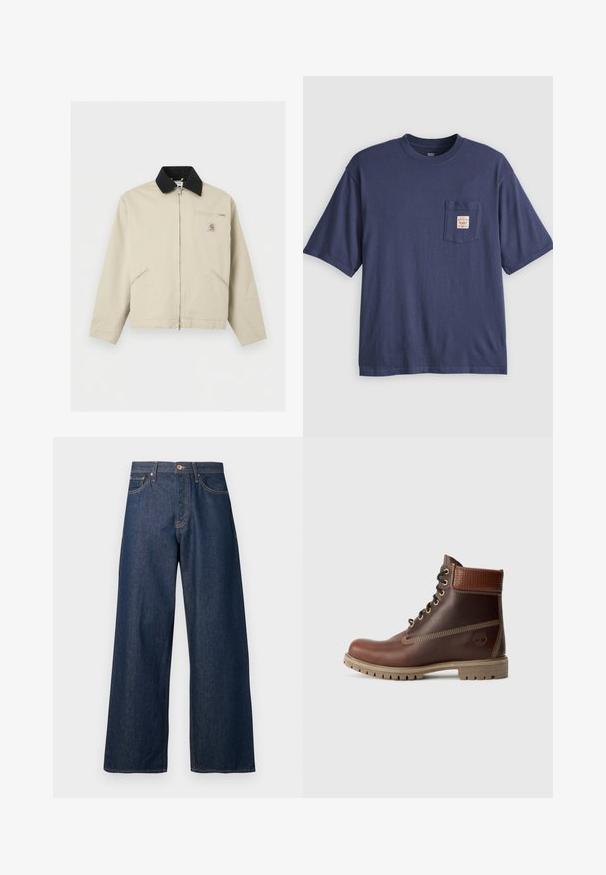 Μπεζ μπουφάν Carhartt με μαύρο γιακά, πλήρες φερμουάρ μπροστά, δύο πλαϊνές τσέπες και μια μικρή τσέπη στο στήθος με φερμουάρ και λογότυπο.; Μπλε ναυτικό κοντομάνικο μπλουζάκι με τσέπη στο στήθος που έχει μια μικρή μπεζ ετικέτα με κόκκινο κείμενο.; Τζιν με φαρδιά μπατζάκια από σκούρο ντένιμ με πορτοκαλί ραφές, που διαθέτουν πέντε τσέπες, μπροστινό κουμπί κλεισίματος και ίσια σιλουέτα.; Καφέ δερμάτινο μποτάκι με κορδόνια και επενδεδυμένο κολάρο, με αντίθεση στη ραφή και ανθεκτική σόλα, απεικονισμένο από την εξωτερική πλευρά σε λευκό φόντο.