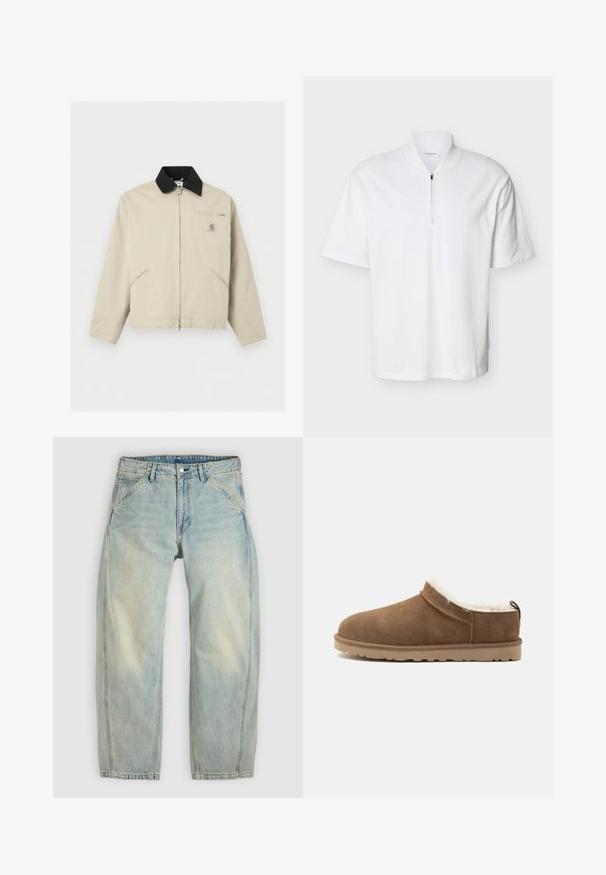 Μπεζ μπουφάν Carhartt με μαύρο γιακά, πλήρες φερμουάρ μπροστά, δύο πλαϊνές τσέπες και μια μικρή τσέπη στο στήθος με φερμουάρ και λογότυπο.; Λευκό πουκάμισο με κοντά μανίκια, όρθιο γιακά και μπροστινό φερμουάρ μέχρι τη μέση, κατασκευασμένο από απαλή, ελαφριά ύφανση.; Ανοιχτό μπλε τζιν παντελόνι με φαρδιά μπατζάκια, κατασκευασμένο από ντένιμ. Διαθέτει πέντε τσέπες, κλείσιμο με κουμπί και ξεβαμμένες περιοχές για φθαρμένη εμφάνιση.; Καφέ μοκασίνι από σουέτ με μπεζ σόλα και λευκή επένδυση από φλις, σχεδιασμένο για εσωτερική ζεστασιά και άνεση.