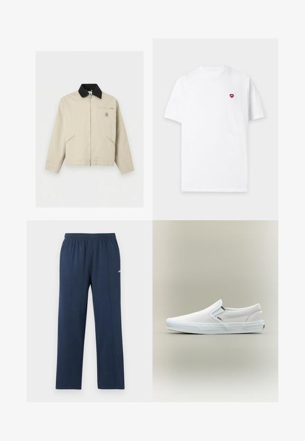 Μπεζ μπουφάν Carhartt με μαύρο γιακά, πλήρες φερμουάρ μπροστά, δύο πλαϊνές τσέπες και μια μικρή τσέπη στο στήθος με φερμουάρ και λογότυπο.; Απλό λευκό κοντομάνικο T-shirt με μικρό κόκκινο σύμβολο καρδιάς στην αριστερή πλευρά του στήθους σε ανοιχτό γκρι φόντο.; Σκούρο μπλε παντελόνι φόρμας με ίσια γραμμή, ελαστική μέση και διακριτικές κάθετες ραφές, μικρό λευκό λογότυπο στο πάνω μέρος του μηρού.; Λευκό sneaker Vans τύπου slip-on με λαστιχένια σόλα και ελαστικές πλευρικές λεπτομέρειες, τοποθετημένο σε απλό φόντο.
