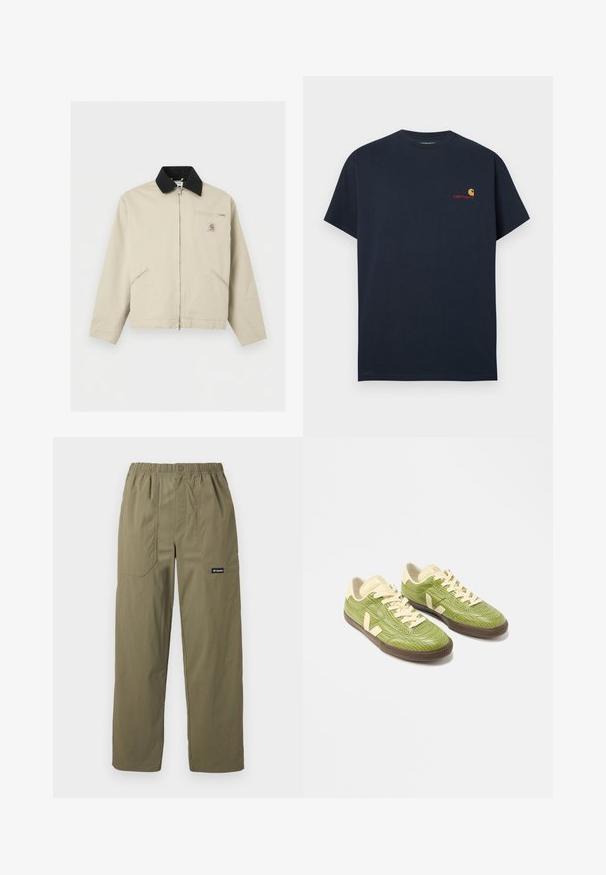 Μπεζ μπουφάν Carhartt με μαύρο γιακά, πλήρες φερμουάρ μπροστά, δύο πλαϊνές τσέπες και μια μικρή τσέπη στο στήθος με φερμουάρ και λογότυπο.; Μπλε ναυτικό βαμβακερό μπλουζάκι με κοντά μανίκια και στρογγυλή λαιμόκοψη. Διαθέτει ένα μικρό λογότυπο Carhartt σε πορτοκαλί και κόκκινο στο αριστερό στήθος.; Παντελόνι σε ελιά πράσινο με ίσια γραμμή, ελαστική μέση, μπροστινές τσέπες με επιπλέον ράφτη, κούμπωμα με κουμπιά και λογότυπο Columbia στην δεξιά τσέπη.; Ζεύγος πράσινων αθλητικών παπουτσιών χαμηλής κοπής με εκρού κορδόνια, μπεζ πινακίδες στη φτέρνα και σκούρες καφέ λαστιχένιες σόλες σε λευκό φόντο.