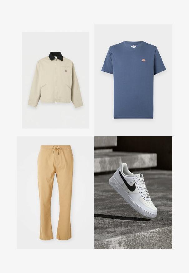 Μπεζ μπουφάν Carhartt με μαύρο γιακά, πλήρες φερμουάρ μπροστά, δύο πλαϊνές τσέπες και μια μικρή τσέπη στο στήθος με φερμουάρ και λογότυπο.; Απλό μπλε κοντομάνικο t-shirt με στρογγυλή λαιμόκοψη και μικρό πολύχρωμο στρογγυλό λογότυπο στην αριστερή πλευρά του στήθους.; Χακί, ελαφρύ παντελόνι με ελαστική μέση, ίσια γραμμή και πλαϊνές τσέπες. Λείο ύφασμα με ελάχιστες ραφές.; Λευκό αθλητικό παπούτσι Nike Air Force 1 με μαύρο λογότυπο swoosh, δεμένα κορδόνια, τοποθετημένο στον αέρα πάνω από υφή σκυροδέματος σε εξωτερικό χώρο.
