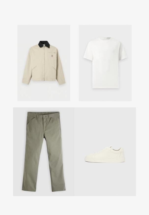 Μπεζ μπουφάν Carhartt με μαύρο γιακά, πλήρες φερμουάρ μπροστά, δύο πλαϊνές τσέπες και μια μικρή τσέπη στο στήθος με φερμουάρ και λογότυπο.; Απλό λευκό T-shirt με κοντά μανίκια και στρογγυλή λαιμόκοψη, εμφανίζεται σε ανοιχτό γκρι φόντο.; Ανδρικό κανονικής γραμμής παντελόνι καφέ λαδί, casual, με τσέπες μπροστά και πίσω, κούμπωμα με κουμπί και θηλιές για ζώνη.; Λευκό δερμάτινο sneaker χαμηλού ύφους με κλείσιμο με κορδόνια και επίπεδη σόλα σε μονόχρωμο ανοιχτογκρι φόντο, πλαϊνή όψη.
