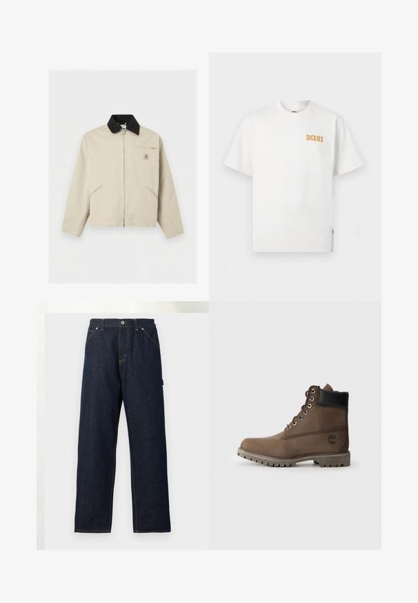 Μπεζ μπουφάν Carhartt με μαύρο γιακά, πλήρες φερμουάρ μπροστά, δύο πλαϊνές τσέπες και μια μικρή τσέπη στο στήθος με φερμουάρ και λογότυπο.; Λευκό T-shirt με κοντά μανίκια και στρογγυλή λαιμόκοψη, με μικρό πορτοκαλί λογότυπο "DICKIES" στο επάνω αριστερό μέρος του στήθους.; Σκούρο μπλε τζιν με ίσιο κόψιμο και ίσια παντελόνια, με μπροστινές τσέπες, θηλιές για τη ζώνη και κουμπί στο ύψος της μέσης, πάνω σε απλό φόντο.; Καφέ δερμάτινο μποτάκι μέχρι τον αστράγαλο με μαύρη επένδυση, μεταλλικές τρυπίτσες και ανθεκτική γκρίζα σόλα. Διαθέτει λογότυπο στο πλάι και ραφές διακόσμησης.