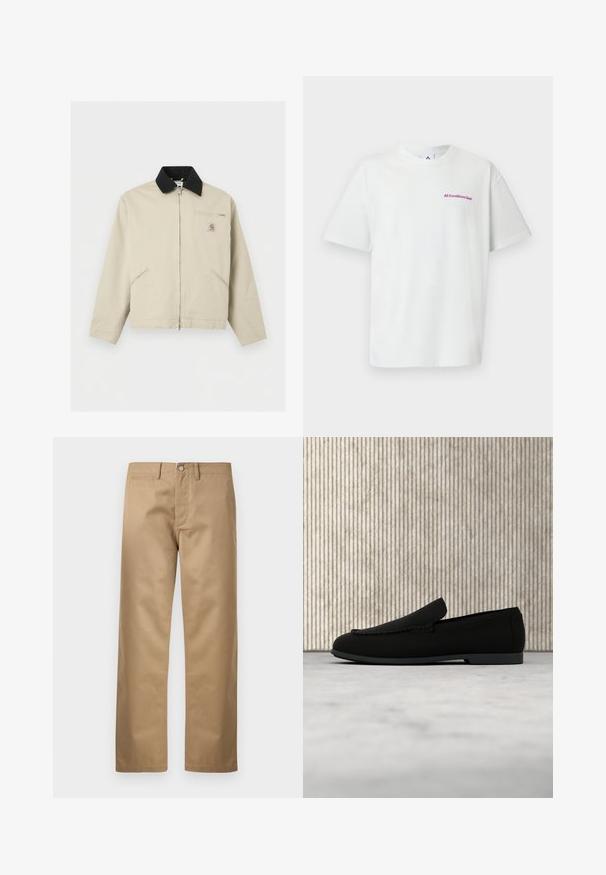 Μπεζ μπουφάν Carhartt με μαύρο γιακά, πλήρες φερμουάρ μπροστά, δύο πλαϊνές τσέπες και μια μικρή τσέπη στο στήθος με φερμουάρ και λογότυπο.; Λευκό T-shirt με κοντά μανίκια και στρογγυλή λαιμόκοψη, με μικρό μωβ κείμενο «All Conditions Gear» στο αριστερό μέρος του στήθους.; Παντελόνια σε καμηλό χρώμα κατασκευασμένα από απαλό βαμβακερό ύφασμα, με κλασικό σχεδιασμό ίσιας γραμμής, μπροστινές τσέπες και μια μοναδική πίσω τσέπη.; Μαύρο γυναικείο παπούτσι loafer χωρίς κορδόνια που αιωρείται πάνω από ανοιχτόχρωμο χαλί με καμπυλωτό μοντέρνο τραπεζάκι κεχριμπαρένιου-καφέ στο βάθος.