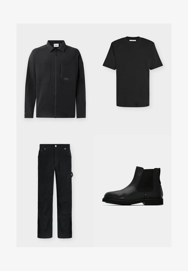 Schwarze leichte Jacke mit durchgehendem Reißverschluss, zwei großen Brusttaschen, einem Kragen und dezenter Markenkennzeichnung auf einem rechteckigen Patch. Glatte Textur.; Schwarzes T-Shirt mit kurzen Ärmeln und Rundhalsausschnitt, dezentem Textlogo auf der linken Brust und weißem Markenlabel innen im Kragen.; Schwarze Cordhose mit geradem Schnitt, Frontknopf, Seitentaschlupf und verstärkten Knieflicken.; Schwarzer Chelsea-Stiefel aus Leder mit elastischen Seitenteilen, rundem Zehenbereich und strukturierter Oberseite. Verfügt über eine flache Gummisohle und dezente Markenakzente.