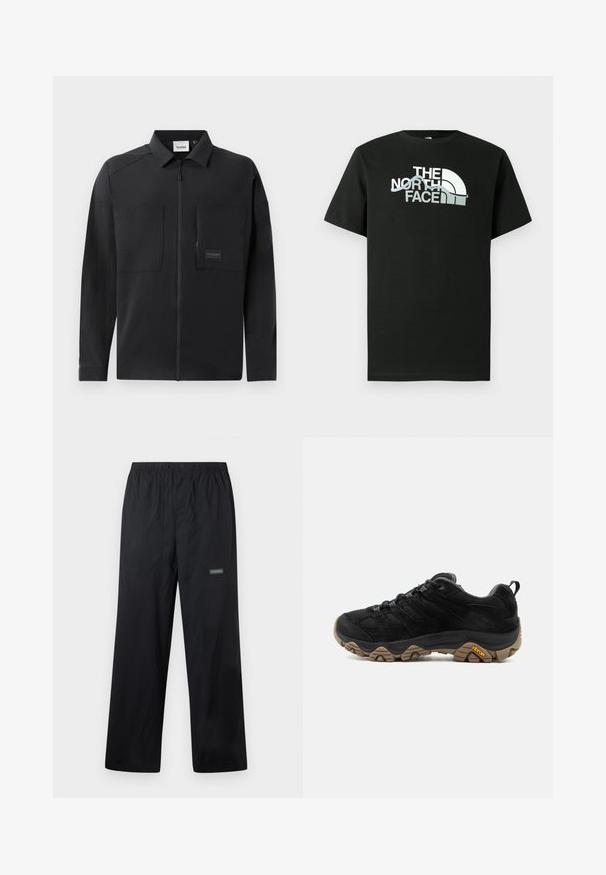 Schwarze leichte Jacke mit durchgehendem Reißverschluss, zwei großen Brusttaschen, einem Kragen und dezenter Markenkennzeichnung auf einem rechteckigen Patch. Glatte Textur.; Schwarzes T-Shirt aus Baumwolle mit einem aufgedruckten Logo in Weiß und Grau, kurzen Ärmeln und Rundhalsausschnitt.; Schwarze, leichte Outdoor-Hose mit elastischem Bund, vorderem Knopf, zwei Fronttaschen und kleinem Columbia-Logo am rechten Oberschenkel.; Schwarzer Wanderschuh mit robuster brauner Vibram-Sohle, Mesh- und Wildleder-Obermaterial, Schnürdesign und hinterer Zuglasche, von der Außenseite gezeigt.