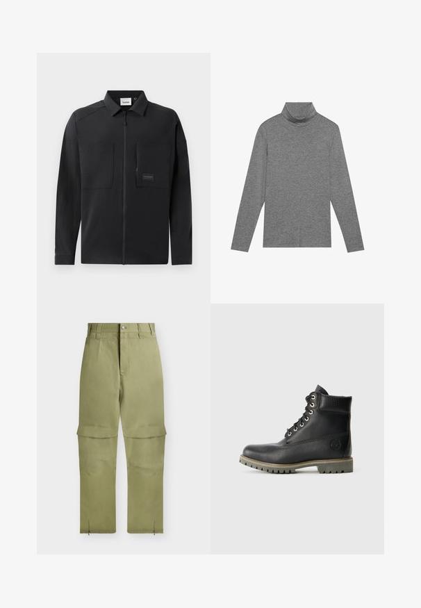 Sort letvægtsjakke med lynlåsfortil, to store brystlommer, en krave og diskret branding på et rektangulært mærke. Glat tekstur.; Grå turtleneck langærmet skjorte lavet af blødt stof. Har en høj krave og tætsiddende ærmer, med en glat tekstur og et enkelt design.; Lyse olivengrønne konvertible bukser med lynlåsaftagelige ben, forreste knap- og lynlåslukning samt bæltestropper.; Sorte læder ankelstøvler med snøredesign, polstret krave og en tekstureret panel. Har en robust sål og prægede logo på siden.