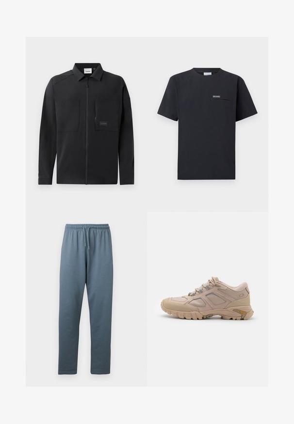 Sort letvægtsjakke med lynlåsfortil, to store brystlommer, en krave og diskret branding på et rektangulært mærke. Glat tekstur.; Sort kortærmet Columbia T-shirt med brystlomme med lynlås og lille logo patch, vist på en hvid baggrund.; Blågrå sweatpants med elastisk talje, justerbar snor og lige ben, vist mod en hvid baggrund.; Beige sportsko med en tekstureret mesh-overdel, syntetisk overlay og en Vibram-sål. Har snøresystem og detaljer på sidepanelet.