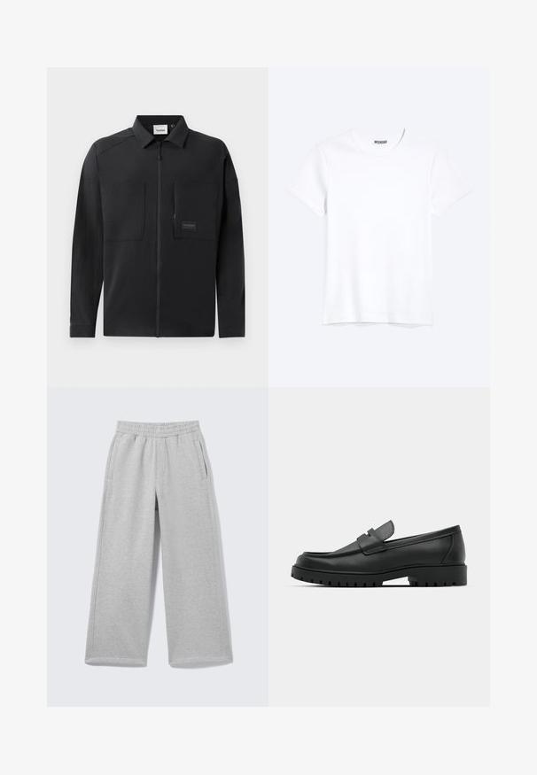 Sort letvægtsjakke med lynlåsfortil, to store brystlommer, en krave og diskret branding på et rektangulært mærke. Glat tekstur.; Enkelt hvid T-shirt med korte ærmer og rund hals med synligt WEEKDAY-mærke i kraven, vist på en lys baggrund.; Lysegrå sweatpants med vide ben, elastisk linning og sidelommer vist på en ensfarvet baggrund.; Sorte læder loafers med rund tå, der har et syet design, lav platformssål og en struktureret, skridsikker gummisål.