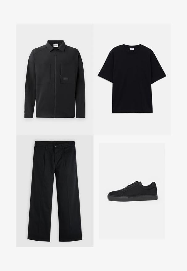 Zwarte lichtgewicht jas met een rits aan de voorkant, twee grote borstzakken, een kraag en subtiele branding op een rechthoekig label. Glad textuur.; Zwarte oversized T-shirt met korte mouwen en ronde hals, met zichtbaar Filippa K merkelabel aan de binnenkant van de kraag.; Zwarte rechte broek met knoop- en ritssluiting aan de voorkant, zijzakken en riemlussen op een effen lichte achtergrond.; Zwarte lage sneaker met veterluiting aan de voorkant en platte rubberen zool, zijaanzicht op een witte achtergrond.