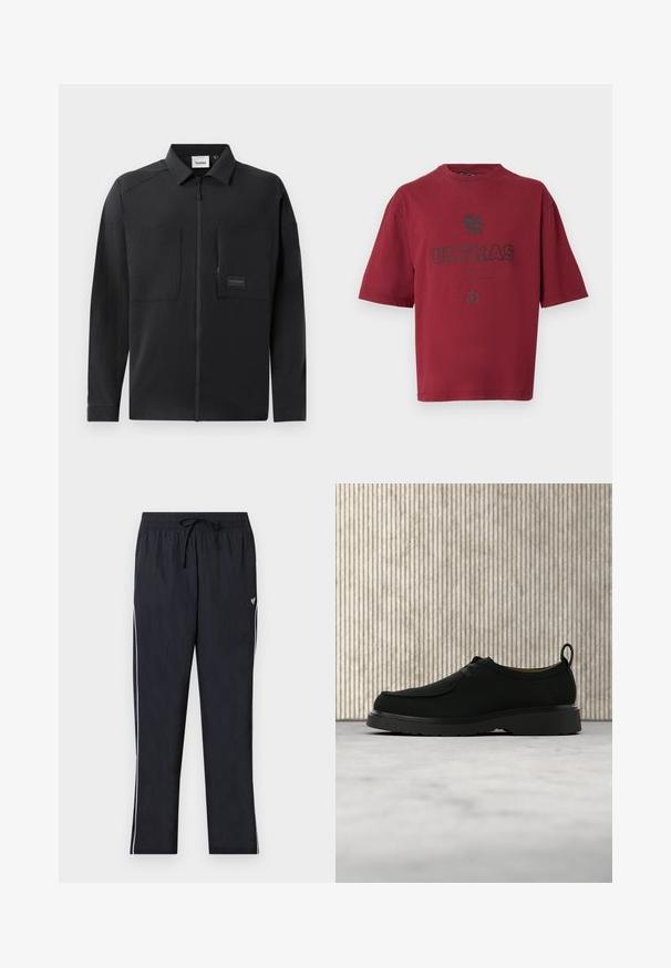 Sort letvægtsjakke med lynlåsfortil, to store brystlommer, en krave og diskret branding på et rektangulært mærke. Glat tekstur.; Bordeauxrød bomuld t-shirt med korte ærmer, der har et sort "ULTRAS"-grafik og løveemblem på forsiden. Afslappet pasform, rund halsudskæring.; Sorte atletikbukser med elastisk taljebånd, snøre, hvide sidestriber og lille hvid sommerfuglelogo på højre lår.; Sort lædersko til fritid med snørebånd, tyk sål og træksnor, placeret i luften over beige tæppe med brunt rundt møbel i baggrunden.