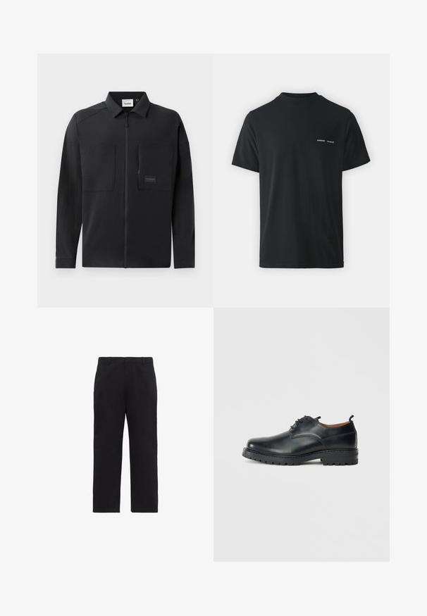 Sort letvægtsjakke med lynlåsfortil, to store brystlommer, en krave og diskret branding på et rektangulært mærke. Glat tekstur.; Sort bomulds t-shirt med klassisk rund hals, korte ærmer og to små hvide "SAMSØE" logoer på venstre bryst.; Sorte bukser med lige ben, bæltestropper, lynlås foran og sidelommer, vist på hvid baggrund.; Sorte læder derby-sko med en glat overflade, rund tå, snøre-design og en tyk, robust gummisål.