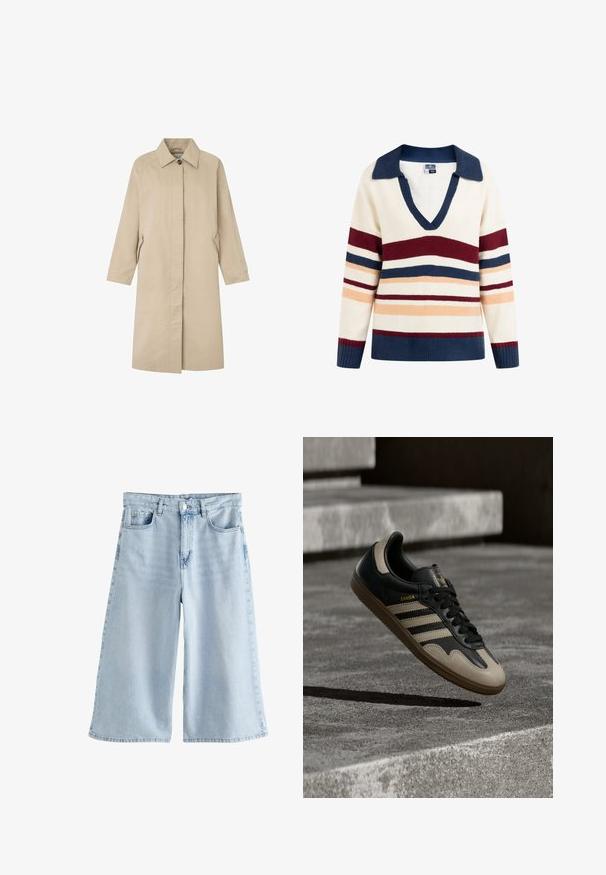 Lys beige frakke med en lige silhuet, minimalistisk design, spids krave, lange ærmer og sidelommer. Fremstillet af glat stof.; Pullover sweater i creme med blå, burgundy og orange vandret striber. Har en v-hals og ribbede manchetter i en kontrasterende marineblå.; Lyseblå vidde shorts i denim med høj talje, knaplukning og lommer foran og bagpå.; Sort og beige lædersneaker med tre hvide striber, tanfarvet gummisål og gyldent "Samba"-detalje på siden.