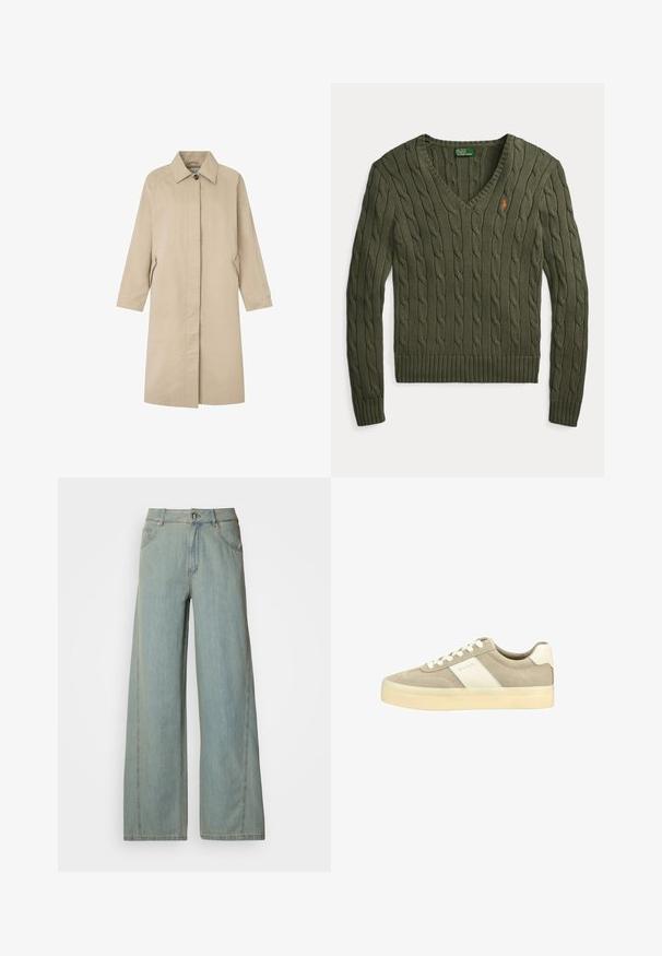 Lys beige frakke med en lige silhuet, minimalistisk design, spids krave, lange ærmer og sidelommer. Fremstillet af glat stof.; Olivengrøn kabelstrikket V-hals sweater med lange ærmer og lille orange Polo Ralph Lauren logo på brystet.; Lyseblå bredbuks jeans lavet af denim, med knap- og lynlås-lukning, fem lommer og kontrasterende syninger.; Beige lav sko med hvid sål, hvide snørebånd og en hvid sidepanel med diskret brandmærke.