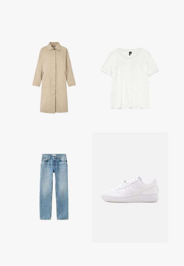 Abrigo color beige claro con una silueta recta, diseño minimalista, cuello con punta, mangas largas y bolsillos laterales. Fabricado con una tela suave.; Camiseta blanca de manga corta con un cuello redondo, hecha de tejido ligero. Diseño simple, textura suave y dobladillo recto.; Vaqueros de mezclilla azul claro con pierna recta, bolsillos delanteros, trabillas para cinturón y cierre de botón, mostrados planos sobre un fondo blanco.; Zapatilla blanca de perfil bajo con puntera perforada, cierre de cordones, suela texturizada y un sutil logotipo de Swoosh en el lateral.