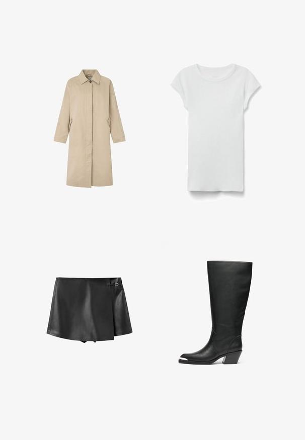 Abrigo color beige claro con una silueta recta, diseño minimalista, cuello con punta, mangas largas y bolsillos laterales. Fabricado con una tela suave.; Camiseta blanca de manga corta con cuello redondo acanalado, colocada en plano sobre fondo blanco, mostrando el lado frontal y un estilo casual sencillo.; Mini falda negra de cuero sintético con solapa frontal superpuesta y pequeño detalle de hebilla lateral.; Botas altas de cuero negro con punta cerrada y diseño con recortes. Presentan un tacón ancho y una textura suave. Detalles en los paneles laterales destacados.