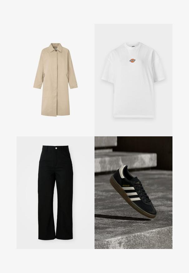 Abrigo color beige claro con una silueta recta, diseño minimalista, cuello con punta, mangas largas y bolsillos laterales. Fabricado con una tela suave.; Camiseta blanca de manga corta con cuello redondo y un pequeño logo colorido de Dickies centrado en el pecho sobre un fondo liso.; Pantalones negros de tiro alto y pierna recta con bolsillos frontales, trabillas para cinturón y un cierre de botón plateado sobre un fondo blanco.; Zapatilla negra de Adidas con rayas blancas y suela de goma flotando sobre escalones de concreto gris a la luz natural.