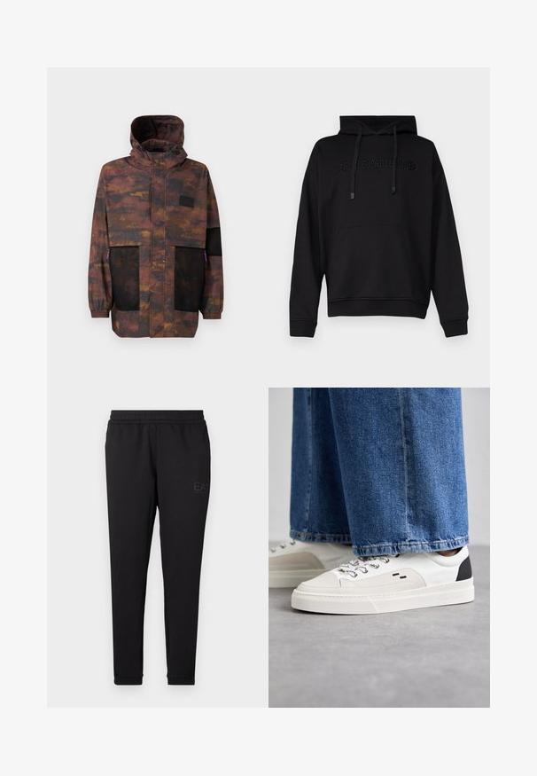 Vandafvisende jakke i et brun- og sort camo-mønster. Har mesh-lommer og en justerbar hætte. Letvægtig med elastiske ærmer.; Sort hættetrøje med en frontlomme, snoretræk og prægede teksten "VERSACE JEANSCOUTURE" på brystet. Har en afslappet pasform og ribbede manchetter.; Sorte joggingbukser lavet af blødt stof, med elastisk talje, tætsiddende manchetter og et lille logo trykt på siden.; Hvide og sorte sneakers med en glat læderoverdel, teksturerede detaljer og en kraftig hvid sål. Har et klassisk snørebåndsdesign.