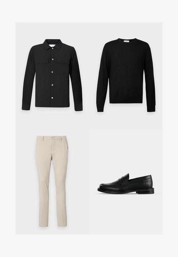 Chaqueta negra con cuello, dos bolsillos en el pecho y botones de presión plateados. Hecha de una tela suave, con corte recto y mangas largas.; Suéter negro de manga larga confeccionado en una tela suave, con un escote redondo, puños acanalados y un dobladillo recto. Diseño minimalista, sin patrones.; Chinos beige con corte recto, con bolsillos laterales y una textura de tela suave. Sin patrones visibles ni detalles de herrajes.; Mocasín penny negro de cuero para hombre con tacón bajo y apilado y puntera redondeada, mostrado de lado sobre un fondo gris claro.
