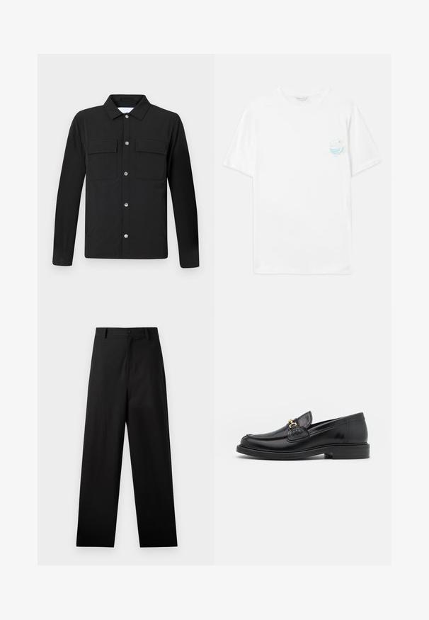 Chaqueta negra con cuello, dos bolsillos en el pecho y botones de presión plateados. Hecha de una tela suave, con corte recto y mangas largas.; Camiseta de algodón blanca con mangas cortas, que presenta un pequeño estampado gráfico multicolor en el lado izquierdo del pecho que representa olas y el texto "Fuera de plástico".; Pantalones negros de algodón con un diseño de pierna recta, que cuentan con un cierre frontal de botón y bolsillos laterales. Textura lisa, sin patrones.; Mocasines de cuero negro con punta redondeada, que cuentan con un detalle de herrajes dorados y costuras, situados sobre una suela de goma texturizada y baja.