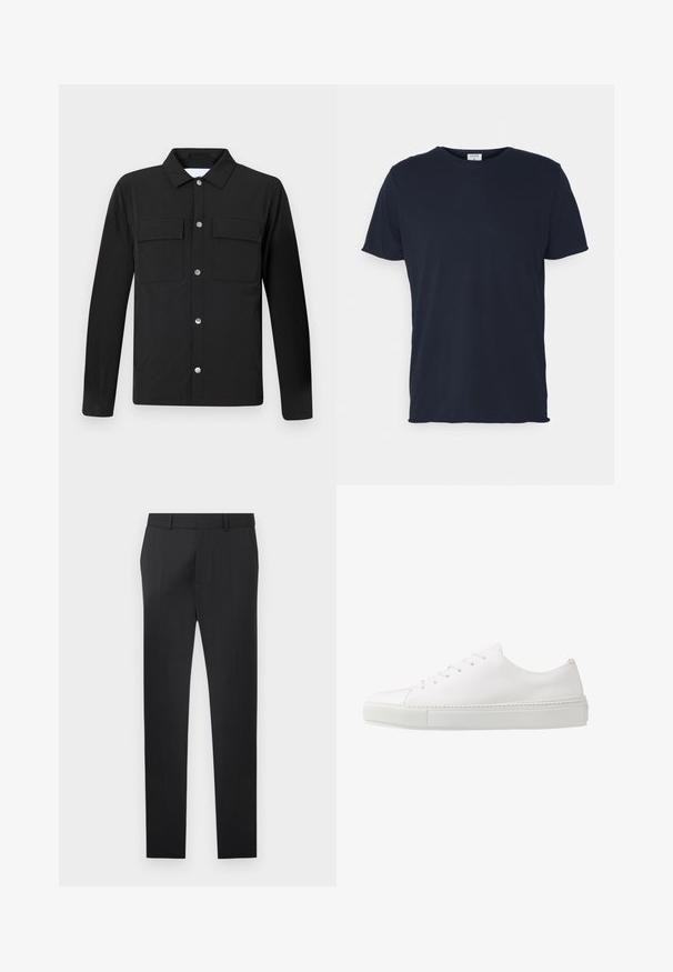 Chaqueta negra con cuello, dos bolsillos en el pecho y botones de presión plateados. Hecha de una tela suave, con corte recto y mangas largas.; Camiseta de algodón azul marino con cuello redondo y mangas cortas, de textura suave y diseño simple, sin patrones ni acentos visibles.; Pantalones formales negros de corte ajustado con trabillas para cinturón, cremallera frontal y diseño de frente plano sobre un fondo claro y liso.; Zapatilla blanca de cuero con un acabado suave, puntera redonda y seis ojales para los cordones. Cuenta con una suela de goma texturizada y un diseño minimalista.