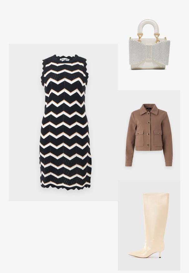 Veste brune, courte, avec un col, présentant de grandes poches avant et des fermetures à boutons. Fabriquée en tissu doux avec une finition légèrement texturée.; Robe noire sans manches en tricot avec des rayures en zigzag blanches et beige, bords festonnés, et étiquette DKNY Jeans au niveau du col.; Botte en cuir beige à hauteur de genoux avec une finition lisse et élégante, un bout pointu et un talon bas et élancé. Présente un design minimaliste sans accents visibles.; Petit sac à main blanc avec poignée rembourrée et grand nœud avant orné de perles argentées et d'accents en métal doré.