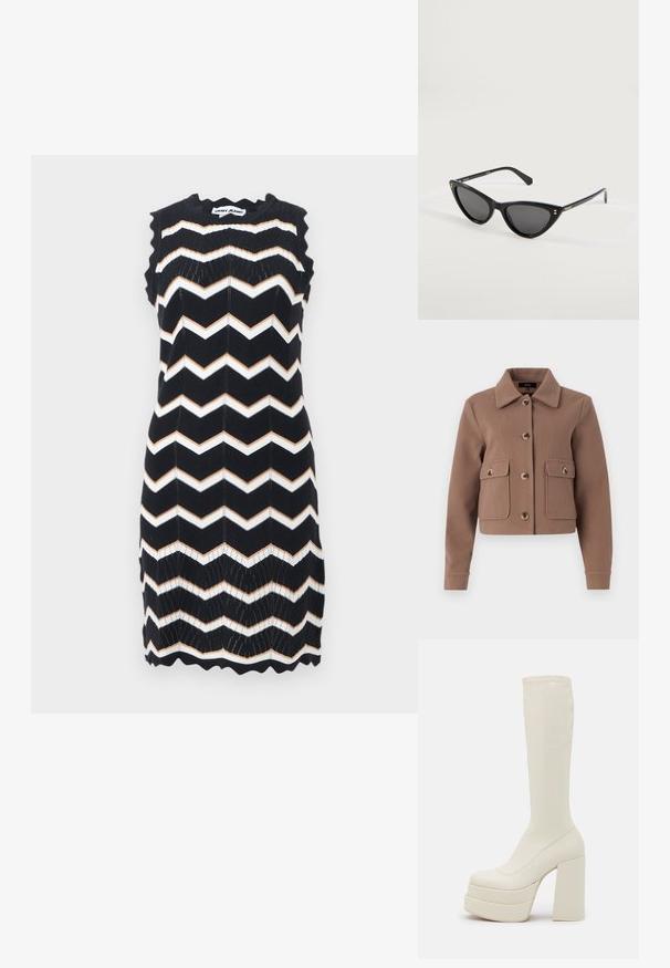 Veste brune, courte, avec un col, présentant de grandes poches avant et des fermetures à boutons. Fabriquée en tissu doux avec une finition légèrement texturée.; Robe noire sans manches en tricot avec des rayures en zigzag blanches et beige, bords festonnés, et étiquette DKNY Jeans au niveau du col.; Steve Madden CYPRESS - Bottes à plateau - off white; Lunettes de soleil noir en forme d'œil de chat avec des verres foncés et des branches fines, portant la marque Polaroid sur les tempes, exposées sur une surface blanche.