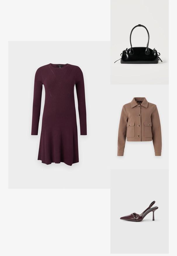 Veste brune, courte, avec un col, présentant de grandes poches avant et des fermetures à boutons. Fabriquée en tissu doux avec une finition légèrement texturée.; Robe en tricot de couleur violet profond, avec des manches longues, un corsage ajusté avec des motifs de côtes diagonales et une jupe évasée.; Escarpin slingback en cuir verni bordeaux avec bout pointu, fine bride à la cheville et petit détail décoratif de boucle. Texture lisse et talon haut.; Petit sac à main noir brillant avec deux longues anses et des détails à cordon sur les côtés sur un fond clair uni.