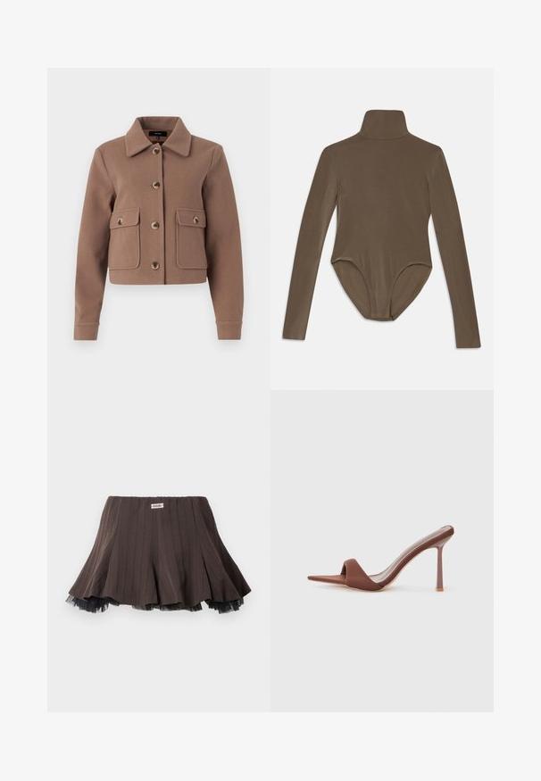 Veste brune, courte, avec un col, présentant de grandes poches avant et des fermetures à boutons. Fabriquée en tissu doux avec une finition légèrement texturée.; Bodysuit à manches longues en tissu marron foncé, avec un col haut, une texture lisse et un dos dégagé, offrant une coupe ajustée.; Jupe plissée marron en tissu texturé, avec un ourlet en tulle noir superposé et une petite étiquette de logo à la taille.; Sandales à talons marron avec un bout pointu, fabriquées en tissu lisse. Présentent un design minimaliste avec un haut talon aiguille et un dos ouvert.