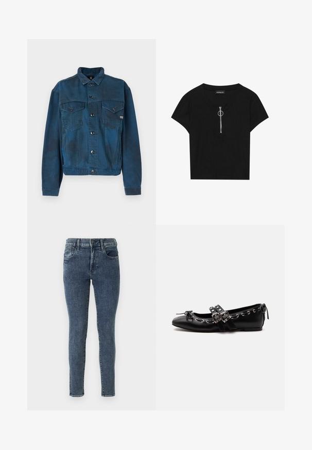 Mørkeblå denimjakke med to brystlommer, knaplukning og klassisk krave. Har en let fadet struktur på stoffet.; Sort ribbet kortærmet top med rund hals og en frontlynlås med en metallring til at trække i, lavet af et struktureret stof.; Slank jeans i mørkeblå denim med subtil fading. Har en mellemhøj talje, fem lommer og kontrastsyninger langs sømmene.; Sort flad balletsko med dobbelt spænde, sølvøjer og en lille sløjfe nær den runde tå på en hvid baggrund.