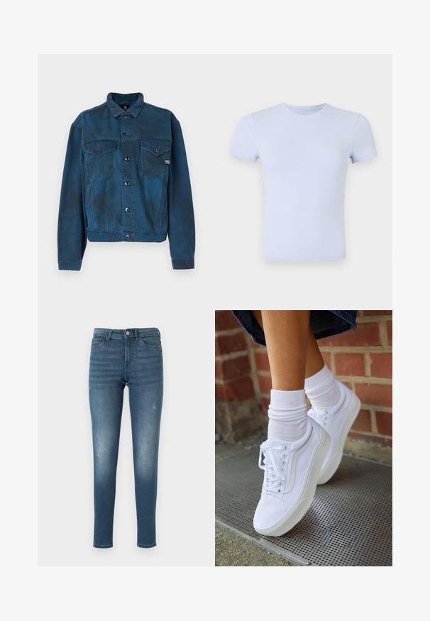 Mørkeblå denimjakke med to brystlommer, knaplukning og klassisk krave. Har en let fadet struktur på stoffet.; Good American SUPER STRETCH BABY TEE - T-shirts basic - periwinkle; Blå denimjeans med slim fit, med slidte områder, fem lommer og knaplukning. Stoffet har en glat, let slidt tekstur.; Hvide lærreds sneakers med gummisåler, der har seks snørehuller, rund tå og let sømdetaljer, krydret med hvide ankelstrømper.