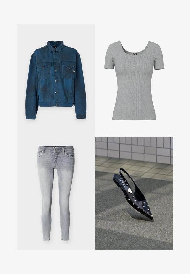 Mørkeblå denimjakke med to brystlommer, knaplukning og klassisk krave. Har en let fadet struktur på stoffet.; Grå ribbet kortærmet top med en rund Halsudskæring og fire små knapper ned foran midt på.; Lysegrå, tætsiddende jeans lavet af denim, med et klassisk design med fem lommer, bæltestropper og lynlås med sølvfarvet knap.; Sort spids slingback-sko lavet af glat materiale, med sølvnitter, flad sål og logo på indersålen.